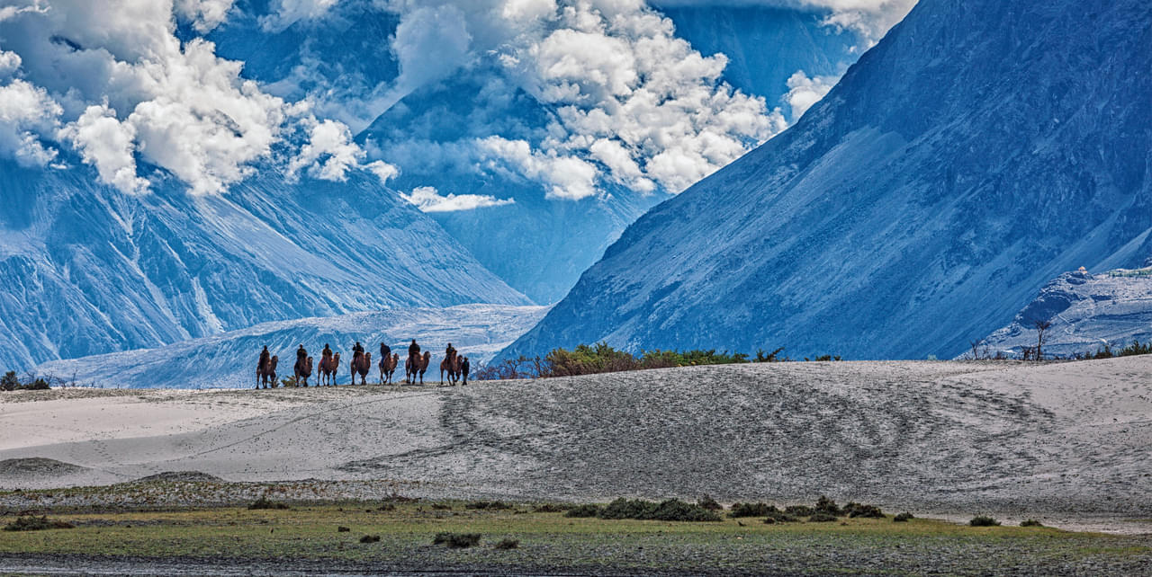 Nubra Valley and Shyok river view from Diskit Gompa Leh Ladakh, Jammu and  Kashmir, India Stock Photo
